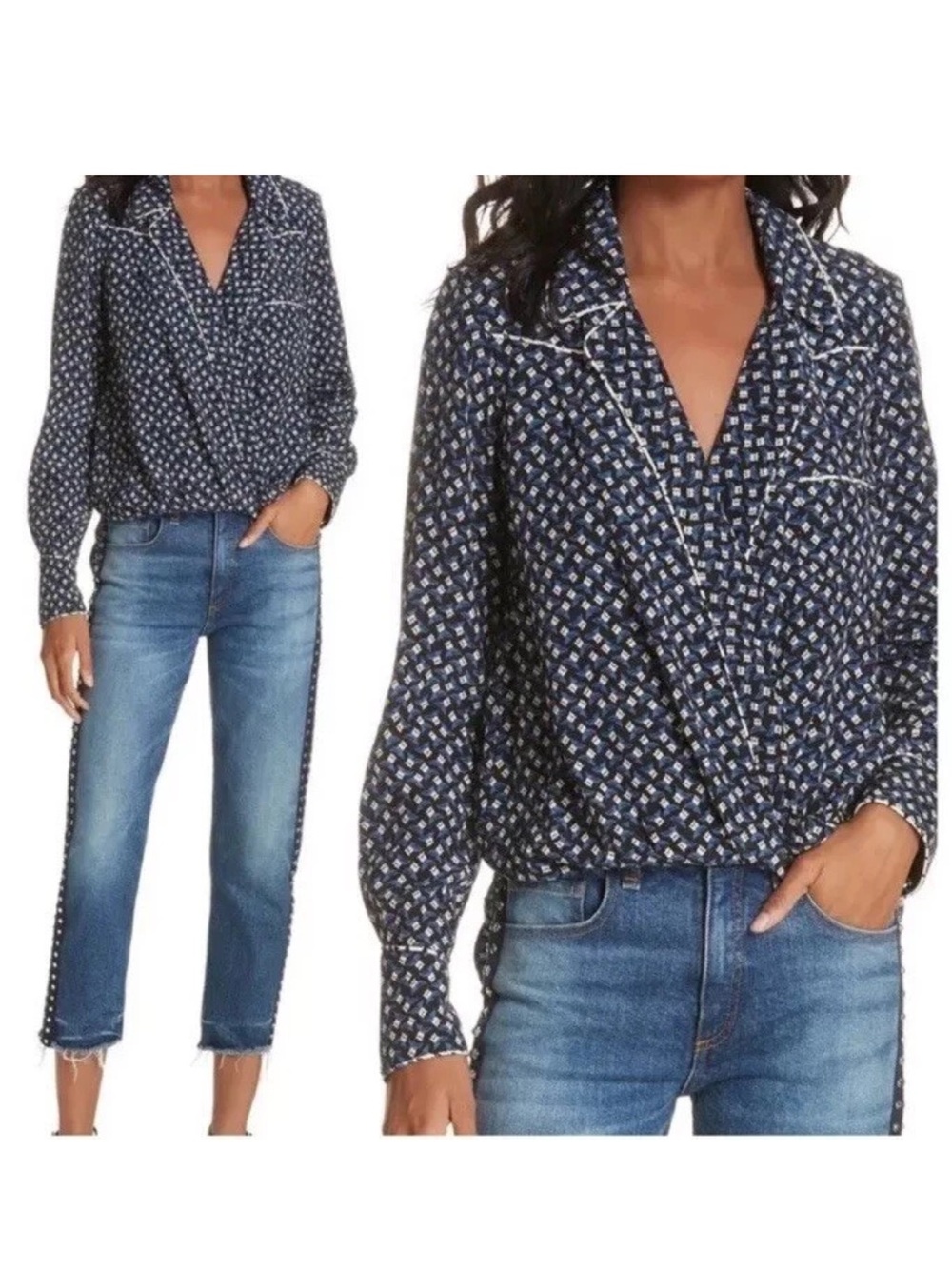 Veronica Beard Navy Printed Surplice Long-Sleeve Blouse